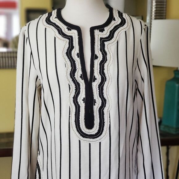 Tory Burch Striped Ivory/Black Stripe Filipa Embroidered Trim Tunic/Top - Picture 3 of 8